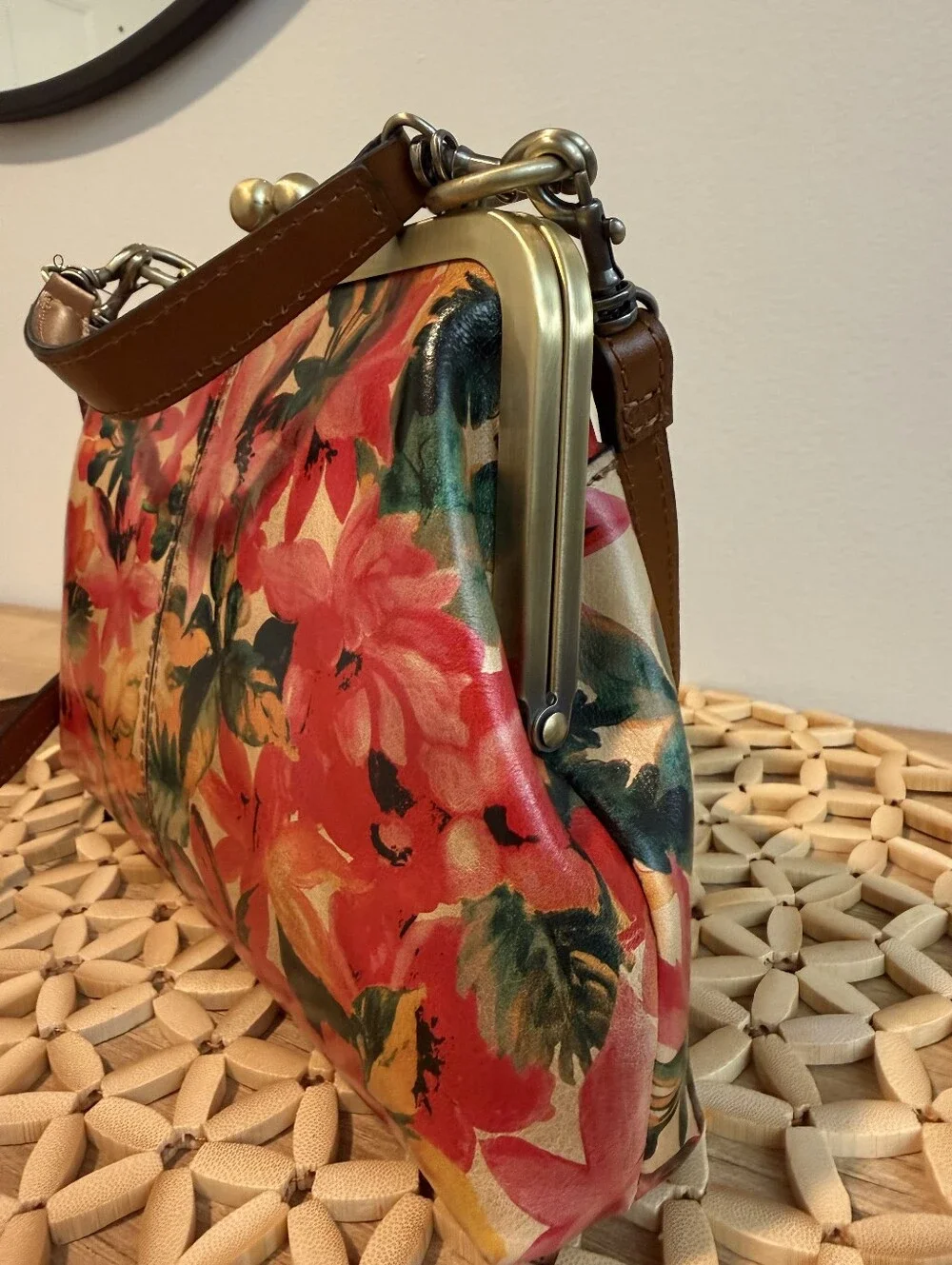 Patricia Nash Floral Kiss-Lock Bag in Red Pink & Green